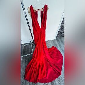 Academy Awards Red Evening Gown / Prom Dress with beaded shoulders & front slit